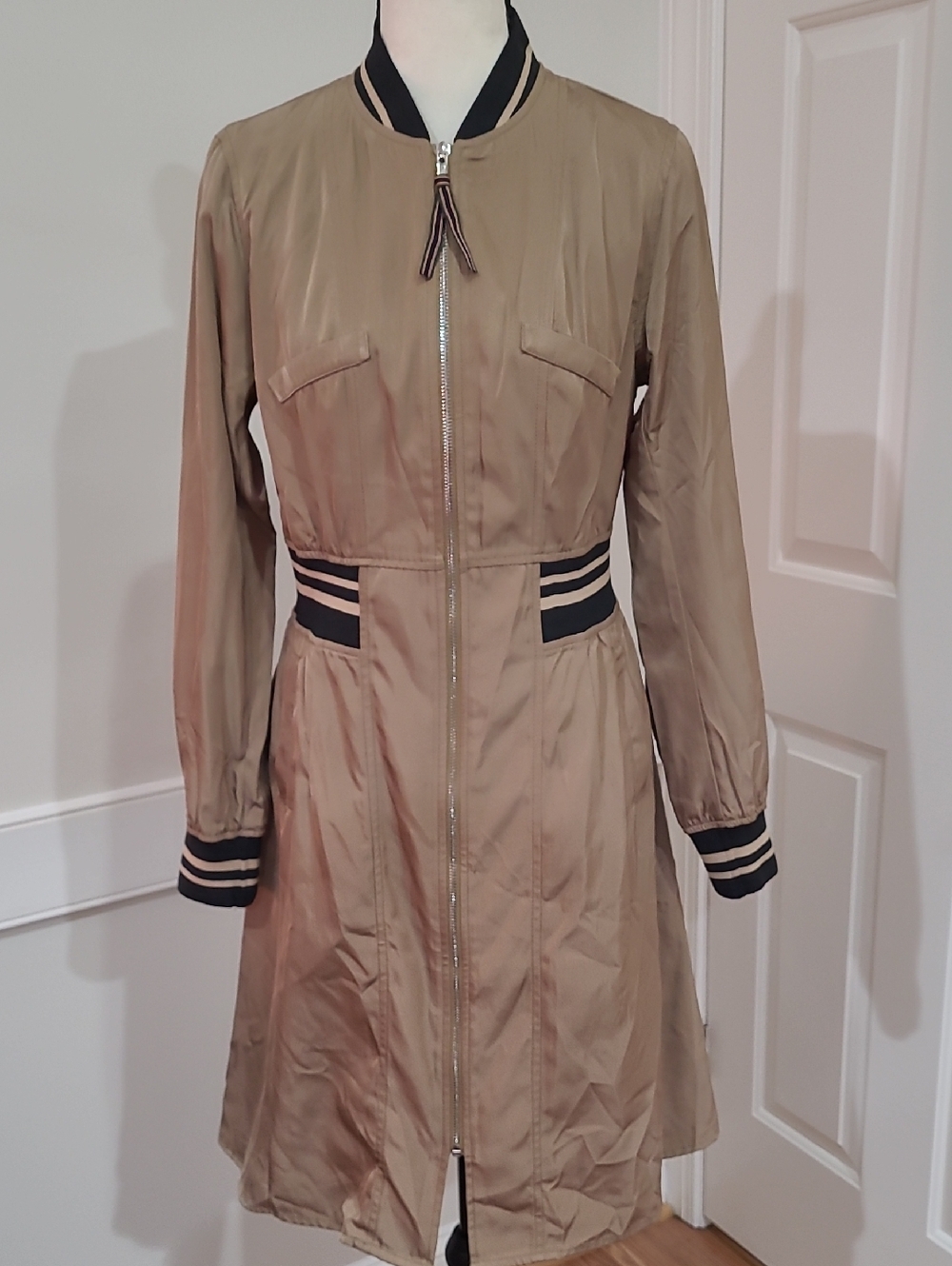 Kori Tan Long Sleeve Zip-Front Dress with Black Stripe Accents
